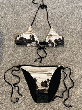 Palm Tree Print Triangle Bikini - Black & Cream